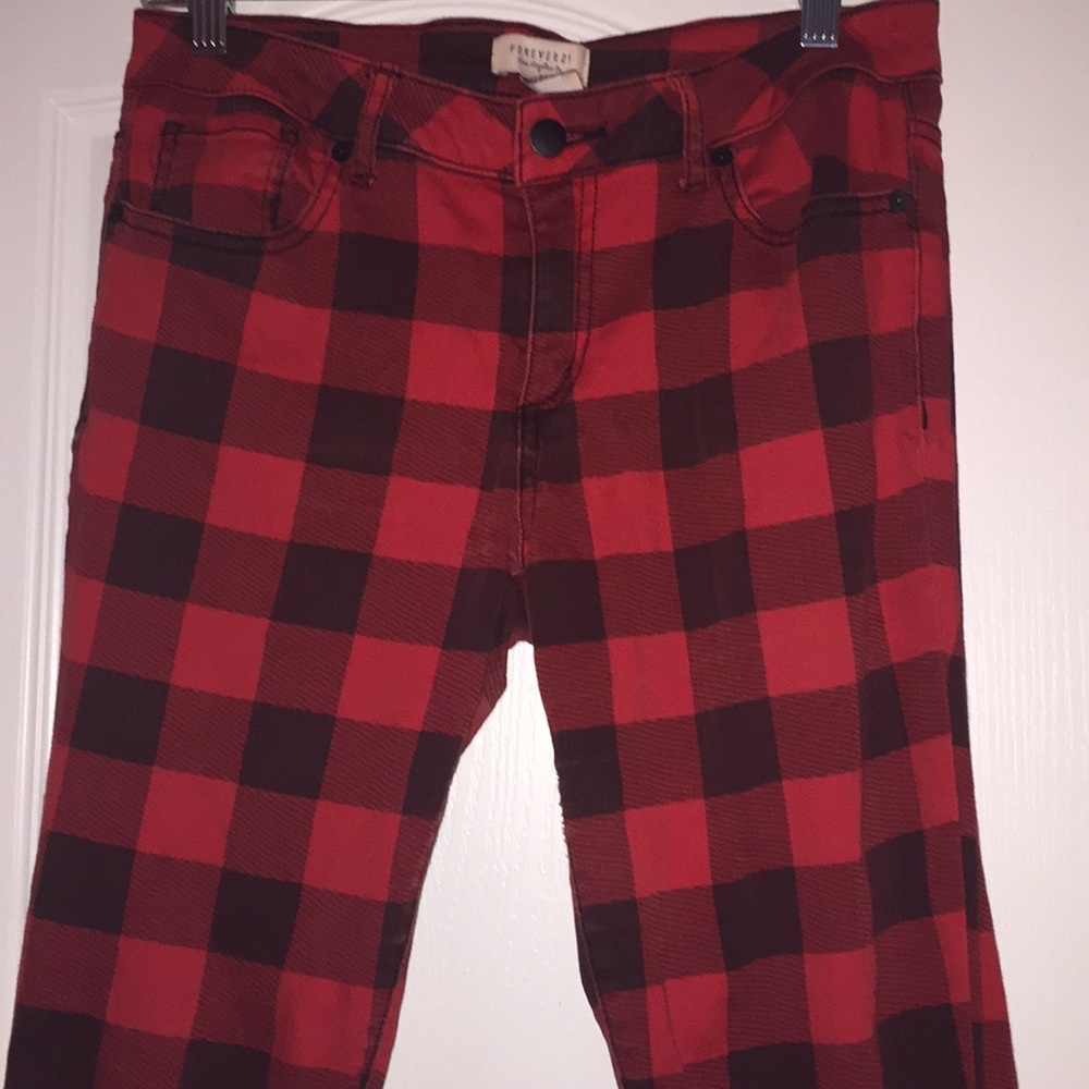 Forever 21 Red and Black Plaid Skinny Jeans